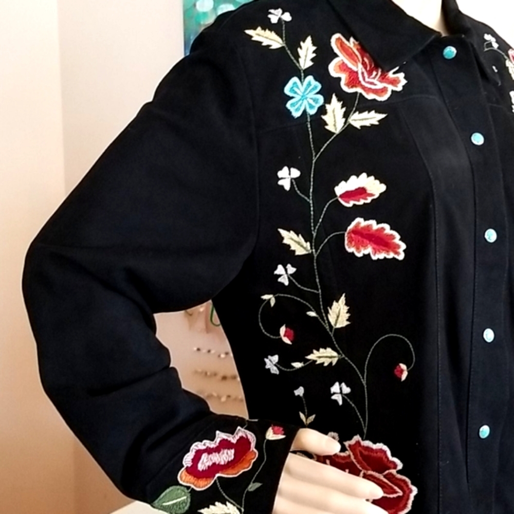 DOUBLE D RANCH DD Black Suede Leather Turq Snaps Floral Embroidery Shirt Blouse - Picture 2 of 10